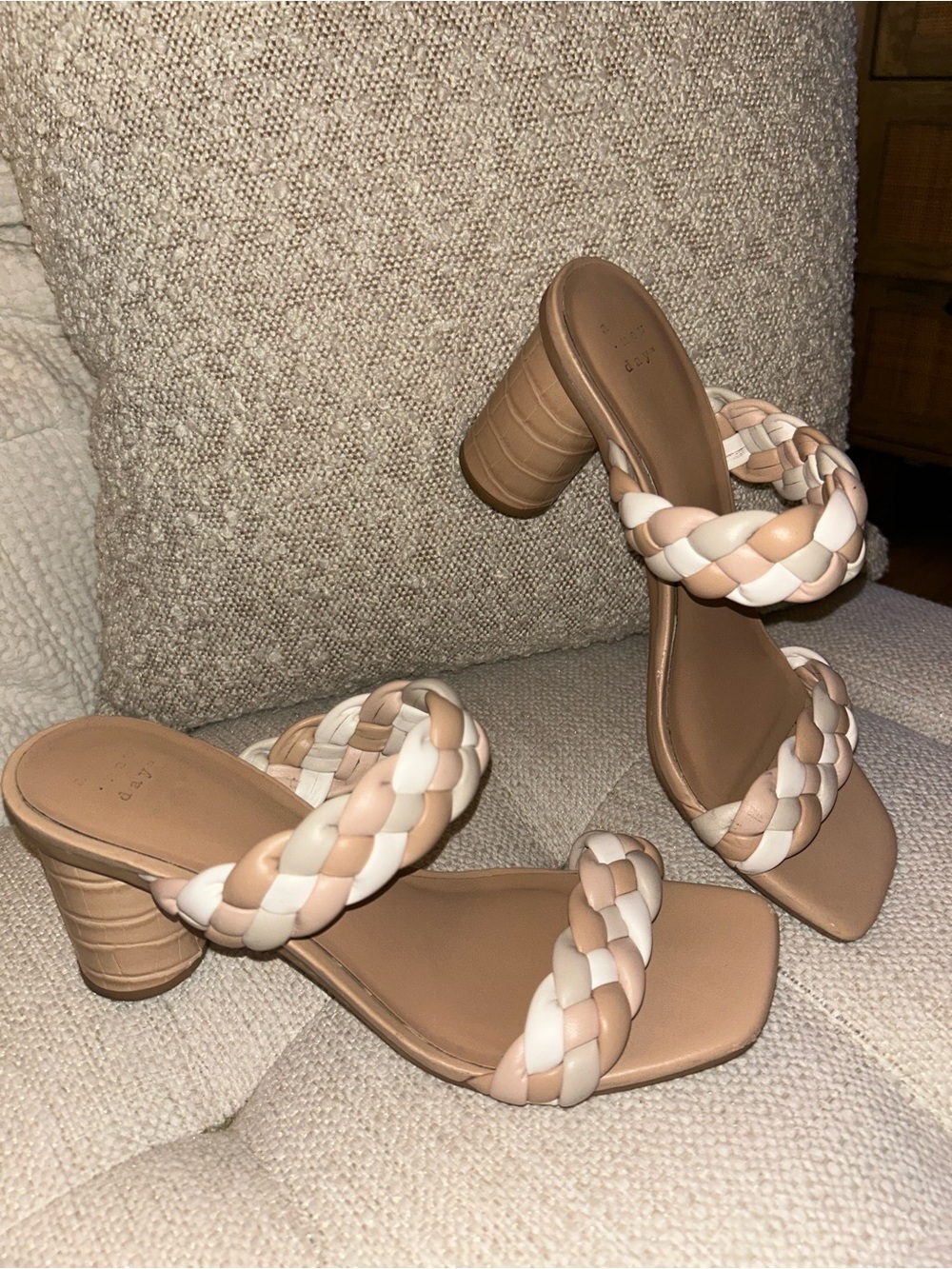 A New Day Tan and White Braided Block Heel Sandals